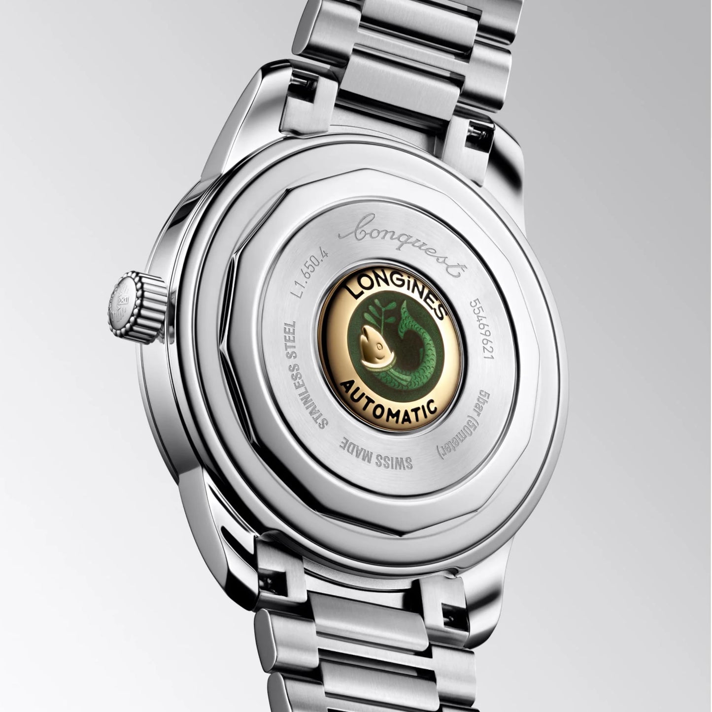 Orologio longines conquest heritage 40mm blu acciaio automatico in materiale acciaio inossidabile con emblem fish verde sul retro protetto dall ufficio federale svizzero