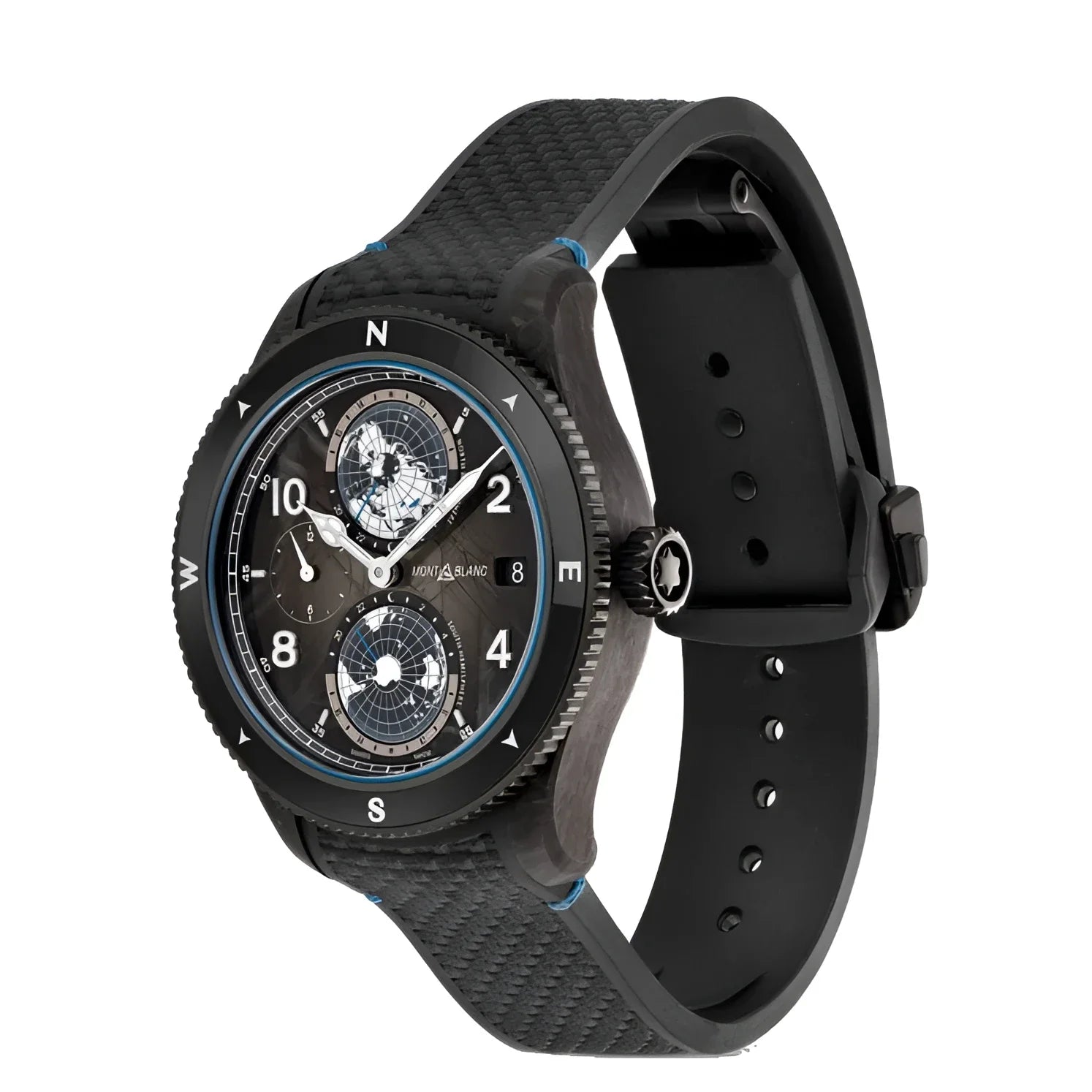 Montblanc orologio 1858 geosphere carbo₂ edizione limitata nero con cassa in carbonio e cinturino in gomma blu