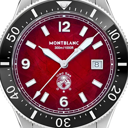 Montblanc iced sea automatic con quadrante rosso bordeaux, cassa acciaio e ghiera nera unidirezionale