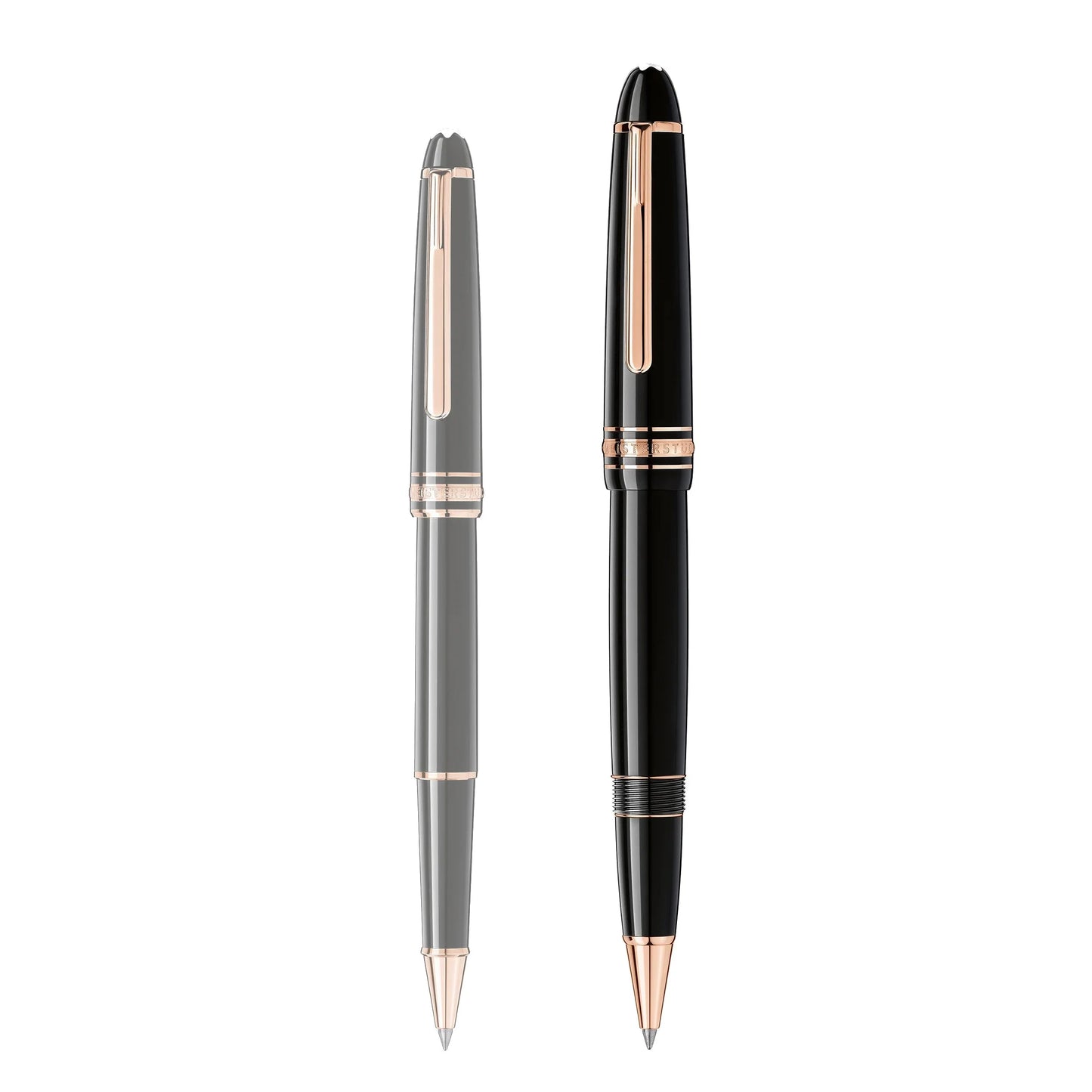 Due penne montblanc roller meisterstück gold-coated legrand nere e grigie con eleganti dettagli in rosa gold-coated