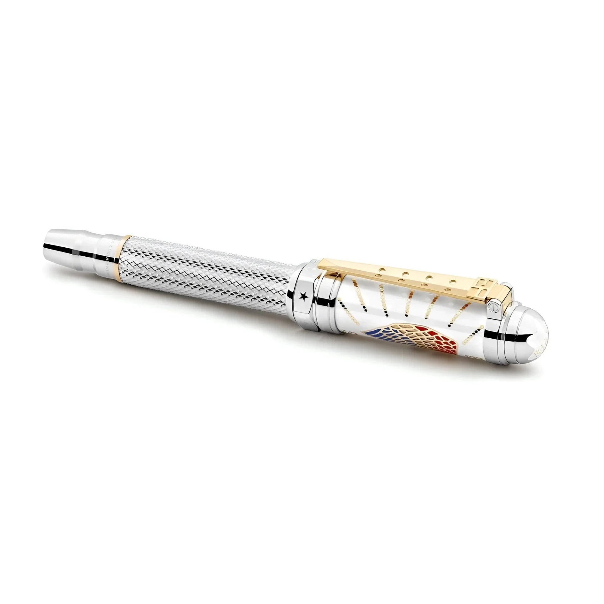 Montblanc roller great characters elvis presley pen in silver and gold with textured barrel and colorful enamel cap design