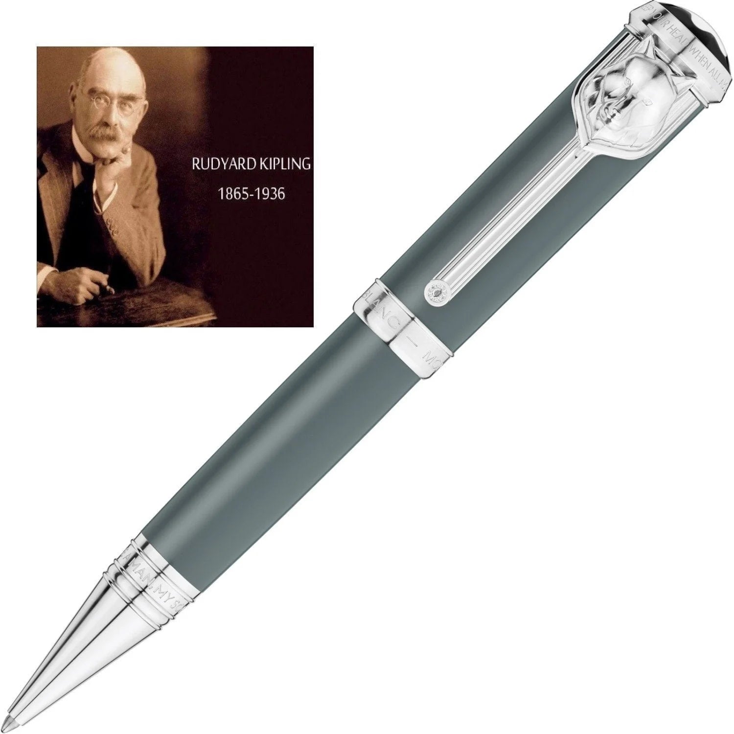 Montblanc penna a sfera writers edition in grigio opaco con dettagli argento e cappuccio inciso con ritratto di rudyard kipling