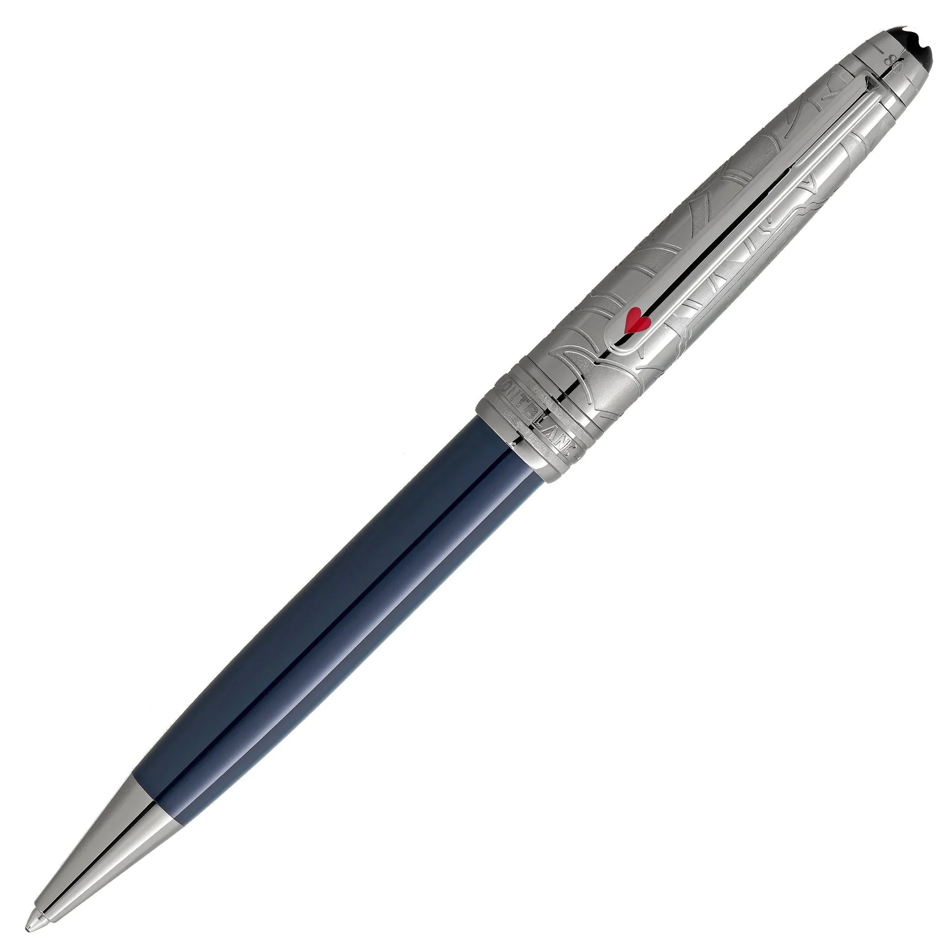 Montblanc penna sfera navy blue con cappuccio argento inciso e cuore rosso per il mondo around the world