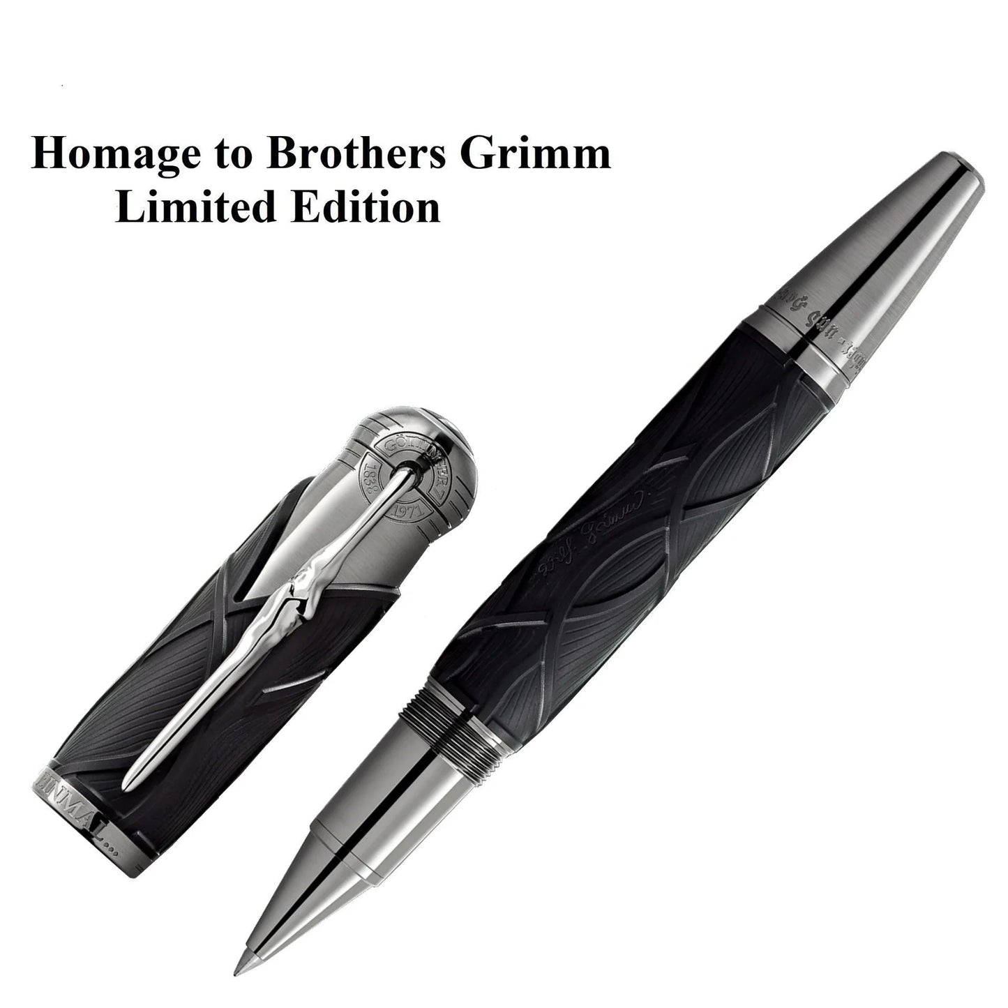 Penna roller nero e argento montblanc writers edition fratelli grimm con impugnatura testurizzata e dettagli incisi