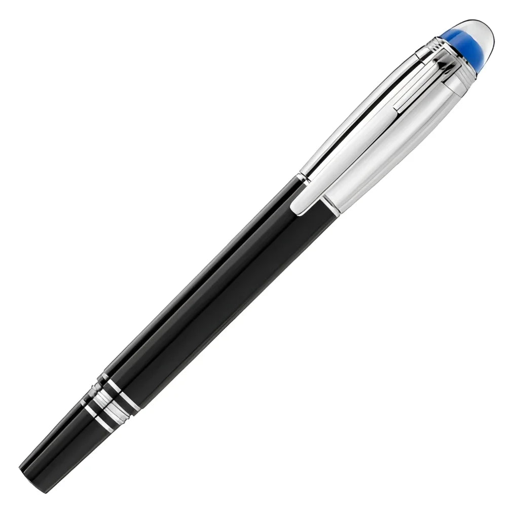 Penna stilografica montblanc starwalker doué acciaio resina con finitura platino clip e pregiata resina nera blu