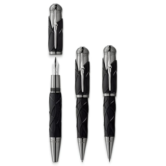Penna stilografica montblanc writers edition fratelli grimm nera e argento con design intrecciato e cappuccio metallico lucido