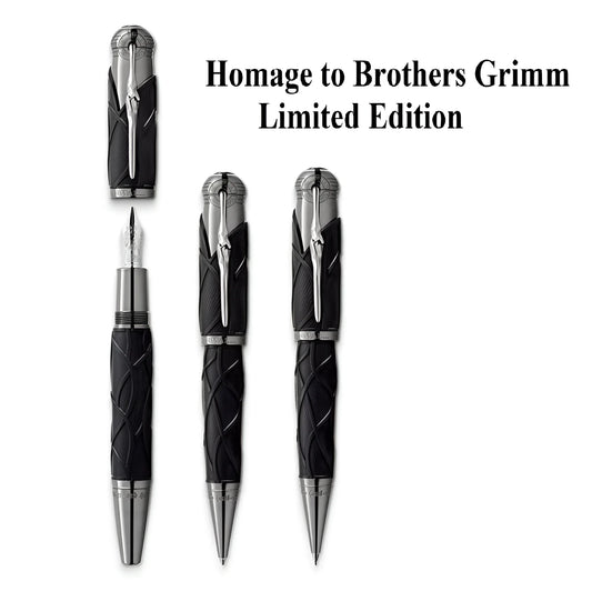 Montblanc writers edition fratelli grimm set 3 penne stileografica roller e sfera con inciso nero e argento
