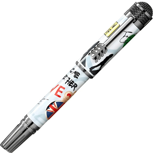 Montblanc roller great white microphone-themed fountain pen with silver accents and graffiti design great characters the beatles edizione limitata 1969