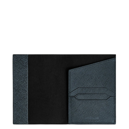 Montblanc custodia per passaporto in pelle sartorial goffrata bicolore blu con tessuto tweed blu e interni neri con porta carte
