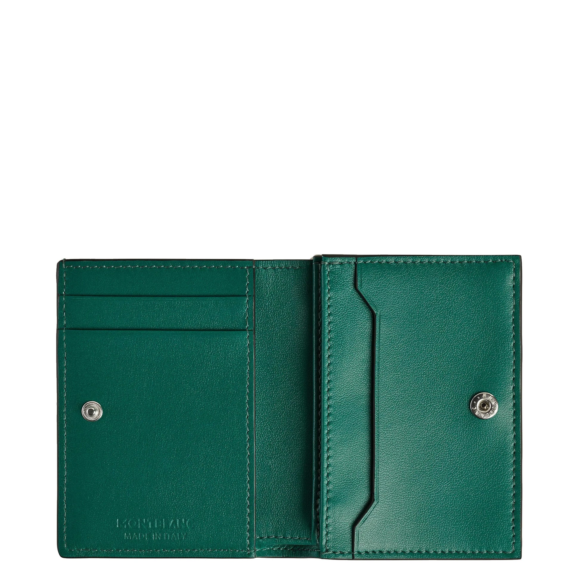 Montblanc portafoglio continental nano in pelle morbida malachite verde con bottoni a pressione argentati e cuciture precise