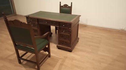 Set di sedie e scrivania ministeriale in noce Sala Studio Ufficio pelle verde