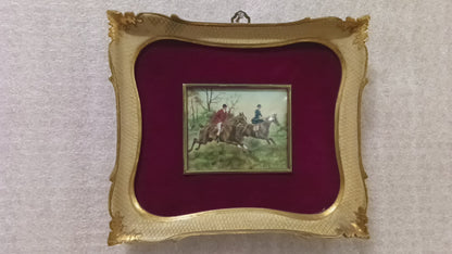 Engelse olieverfminiatuur op doek uit de 19e eeuw, gesigneerd, met originele lijst