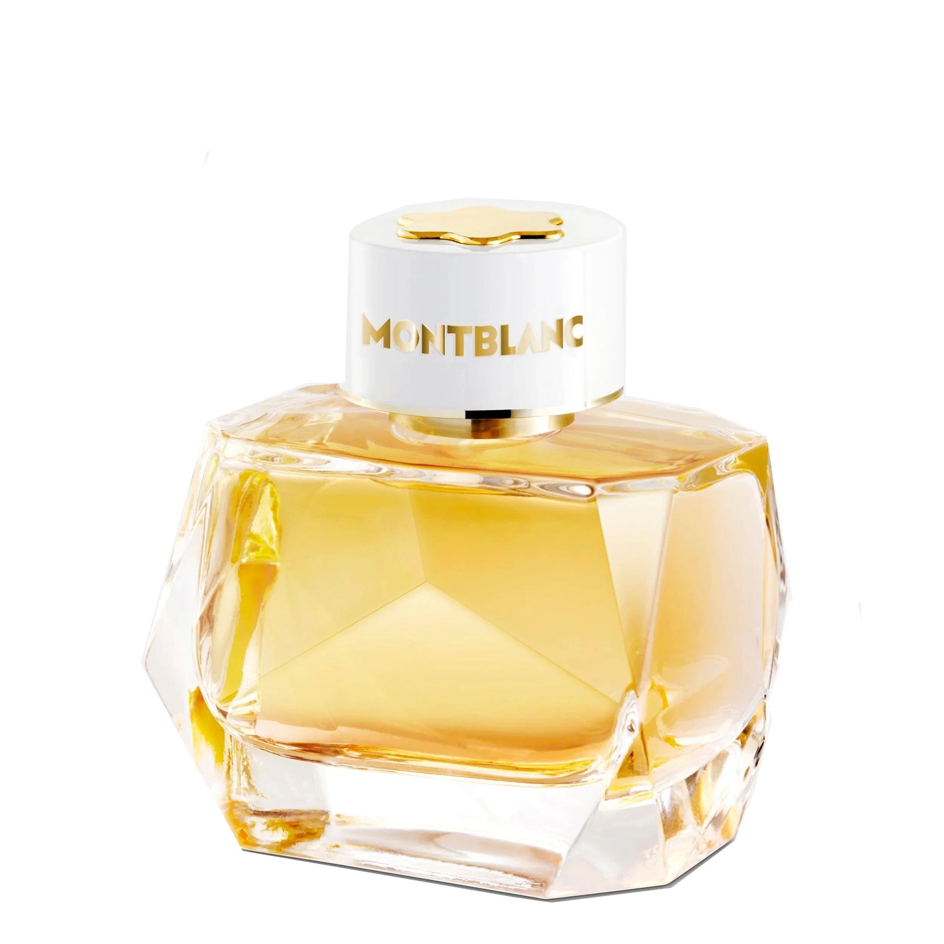 Bottiglia di montblanc signature absolue eau de parfum 90ml con corpo in vetro cristallo sfaccettato liquido dorato e tappo bianco con logo oro