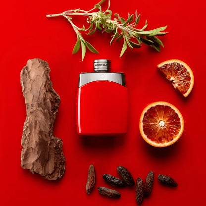Bottiglia vibrante rossa montblanc legend red eau de parfum 100ml con tappo argento e design rettangolare minimalista
