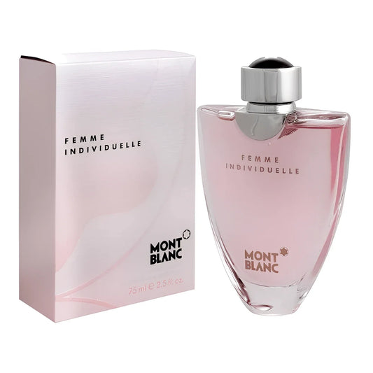 Mont blanc individueller femme l’eau de toilette 75ml mb004a01 con liquido rosa in bottiglia di vetro trasparente e confezione rosa pallido