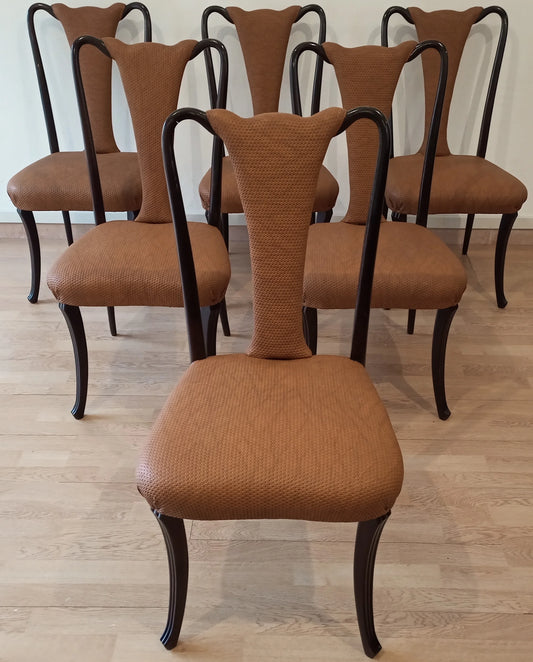 Set van zes vintage eetkamerstoelen met bruine bekleding en gebogen zwart houten frame, ontwerp uit de jaren 50, gerestaureerd.
