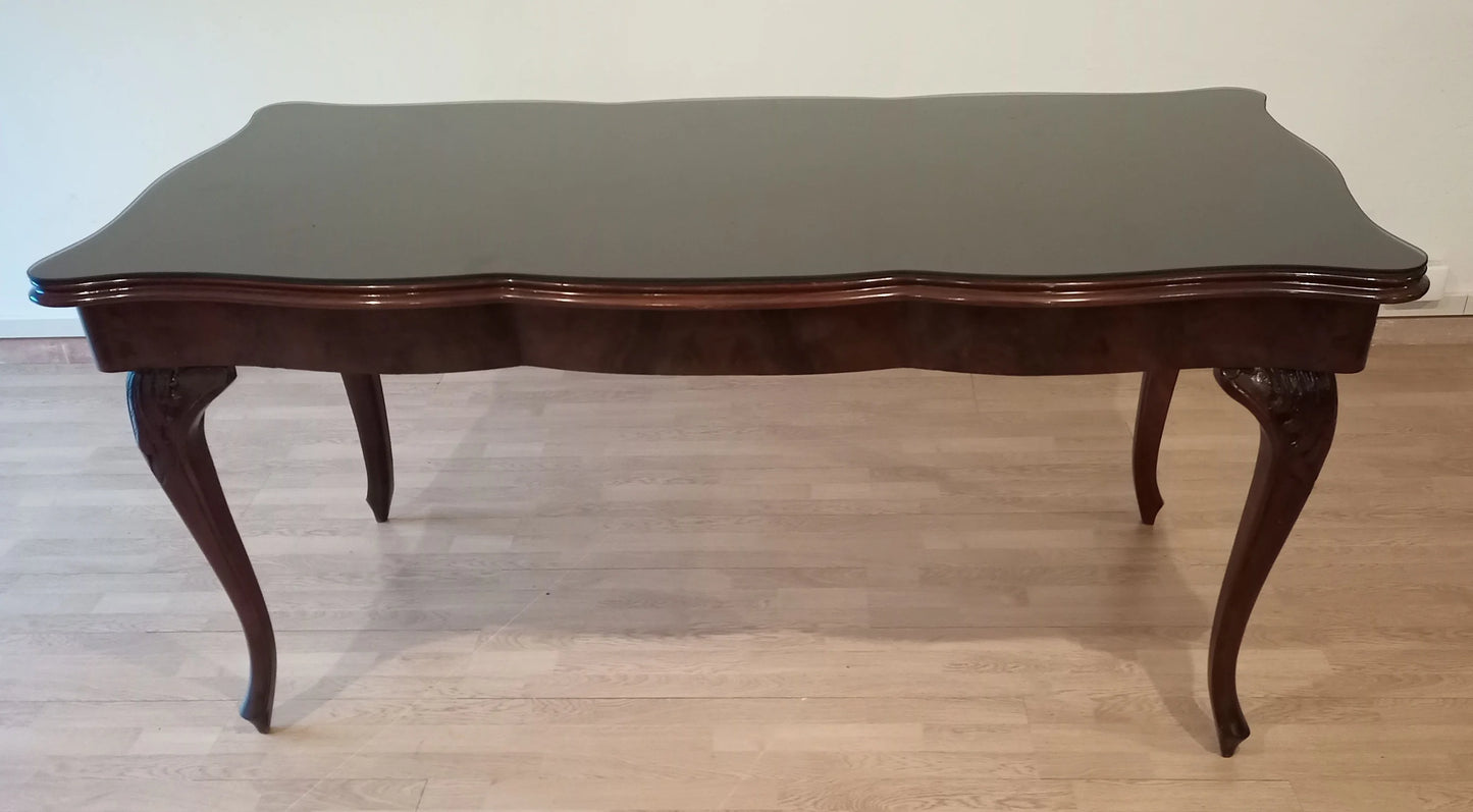 Tavolo chippendale vintage in vetro temperato fumè splendido con ripiano in noce e gambe cabriole eleganti