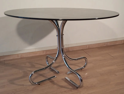 Tavolino da caffè in acciaio cromato con base tubolare e piano rotondo in vetro fumé, design mid-century italia