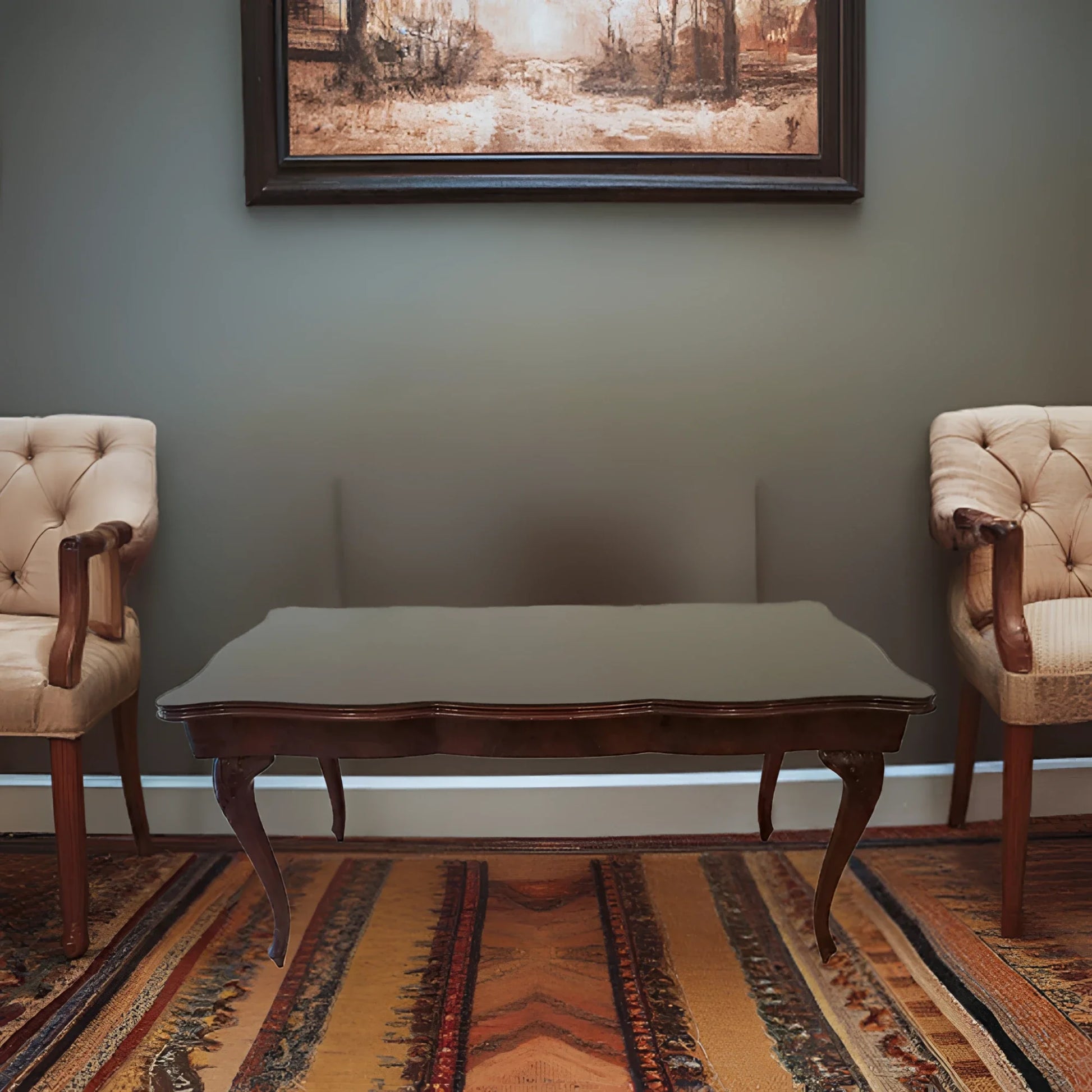 Tavolo chippendale vintage in legno scuro con vetro temperato fumè splendido e ripiano in noce elegante