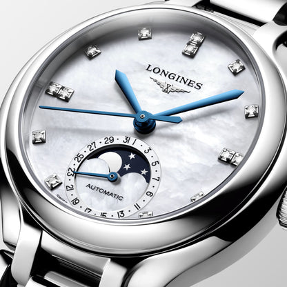 Longines Primaluna Moonphase 34mm automatisch horloge van parelmoer, diamant en staal L8.126.4.87.6