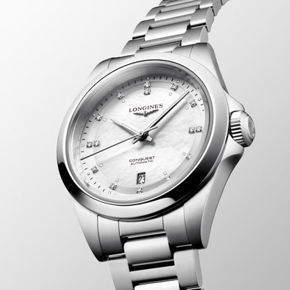 Longines horloge Conquest 30mm parelmoer diamanten automatisch staal L3.320.4.87.6