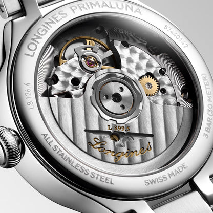 Longines Primaluna Moonphase 34mm automatisch horloge van parelmoer, diamant en staal L8.126.4.87.6