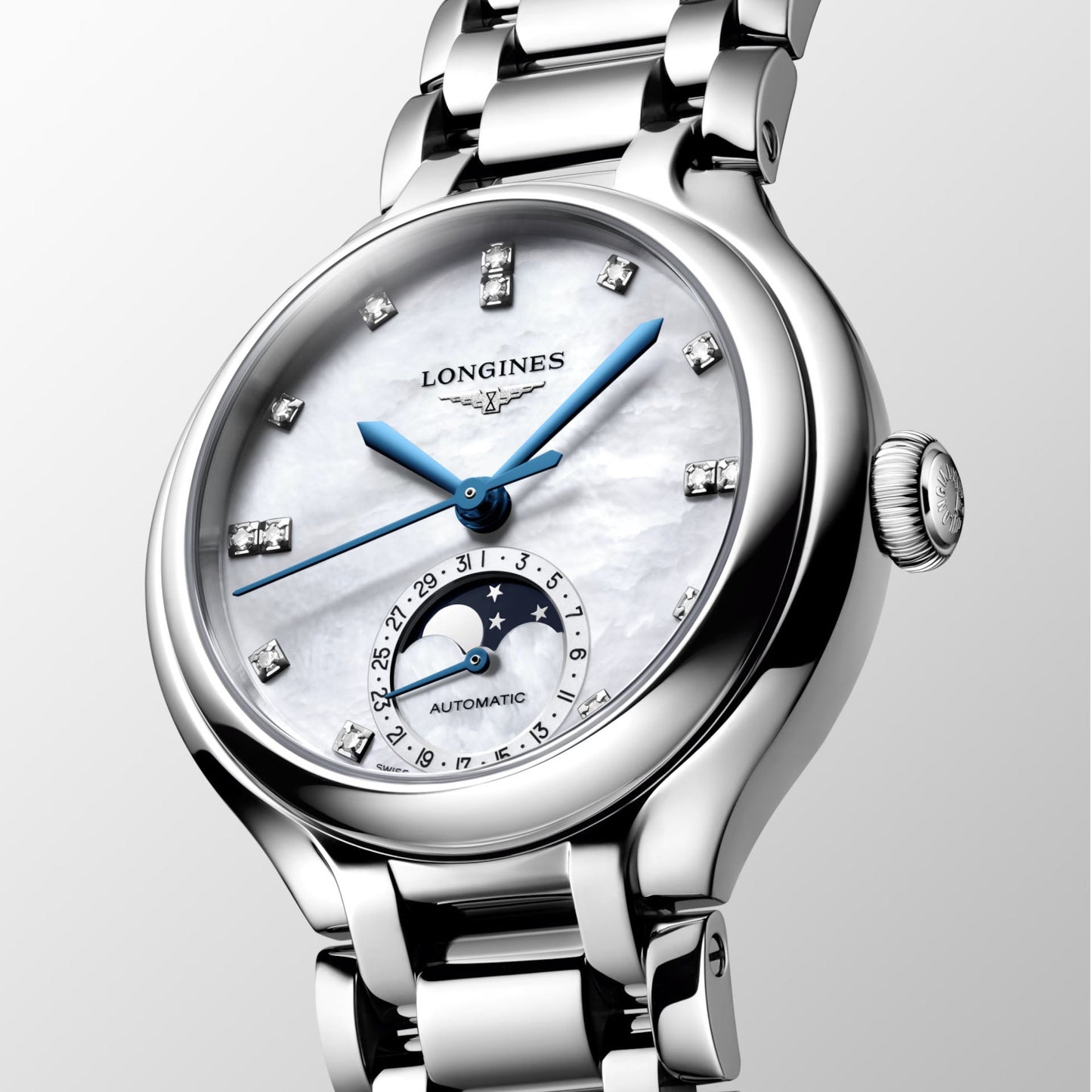 Longines Primaluna Moonphase 34mm automatisch horloge van parelmoer, diamant en staal L8.126.4.87.6