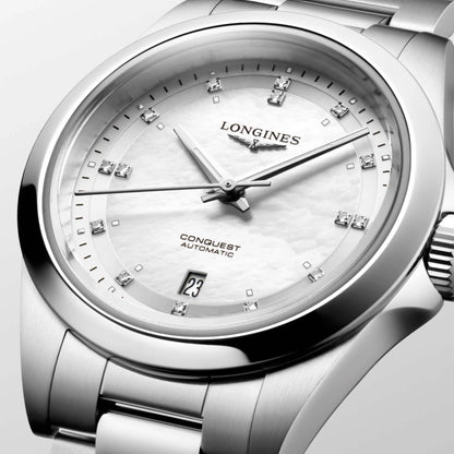 Longines horloge Conquest 30mm parelmoer diamanten automatisch staal L3.320.4.87.6