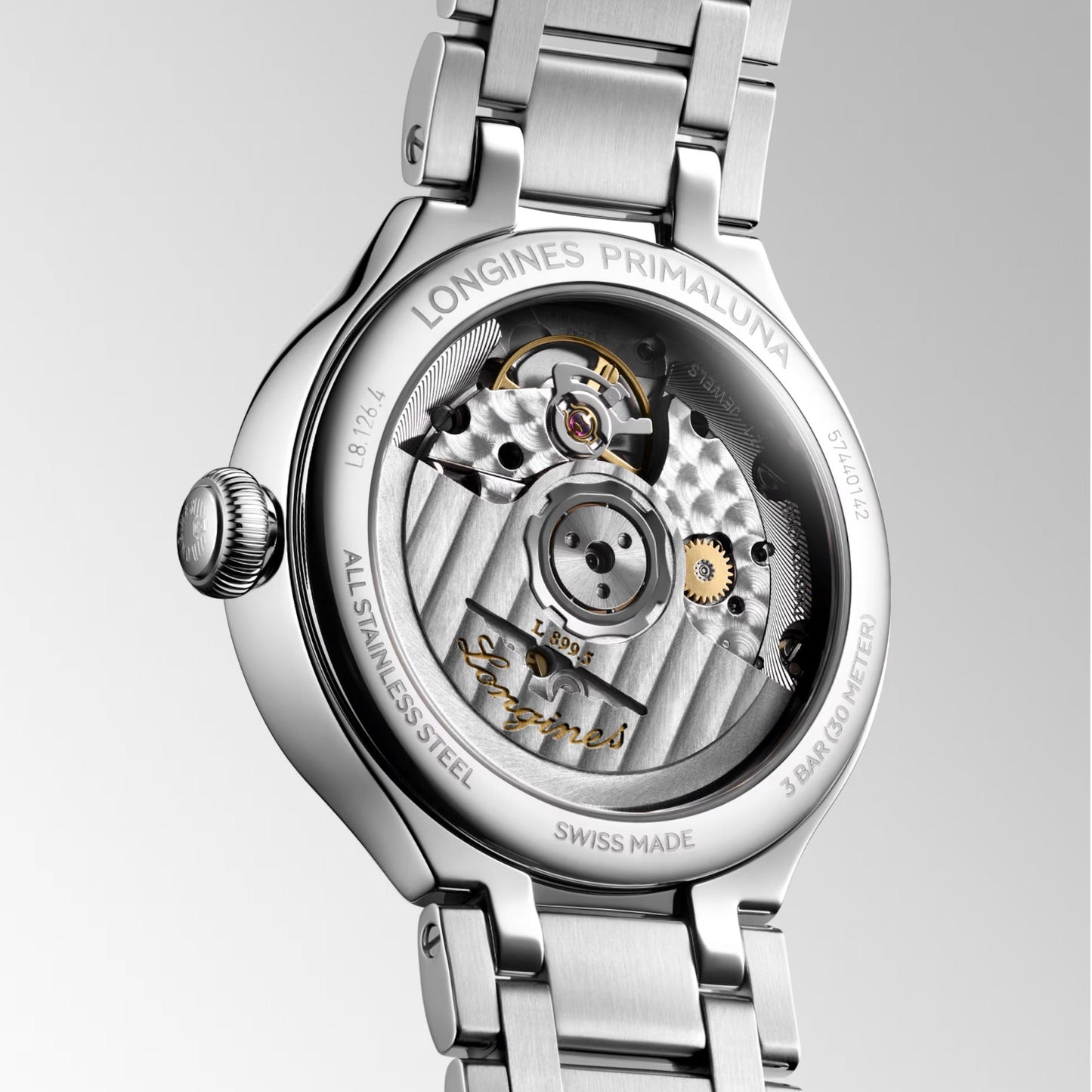 Longines Primaluna Moonphase 34mm automatisch horloge van parelmoer, diamant en staal L8.126.4.87.6